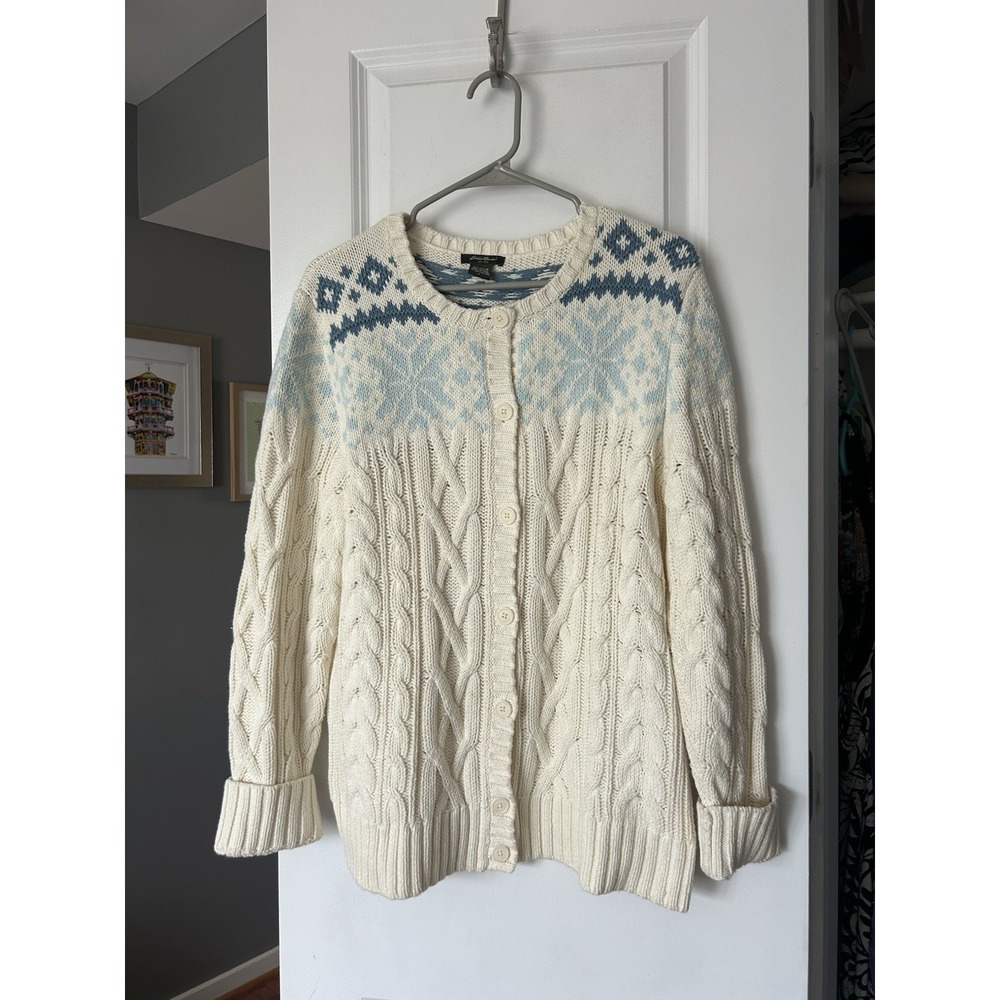 Eddie Bauer Women's Chunky Long Cardigan Sweater Cable Knit Fair Isle Size Large